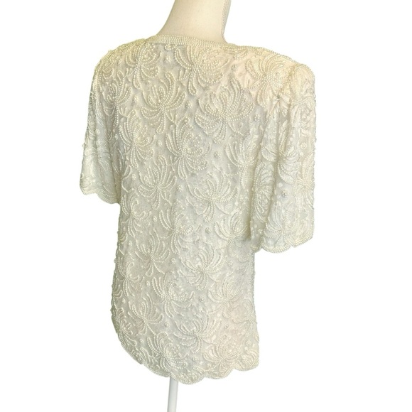 Laurence Kazar Vintage Ivory Pearl Beaded Scalloped Trim Short Sleeve Blouse MP - Picture 8 of 16